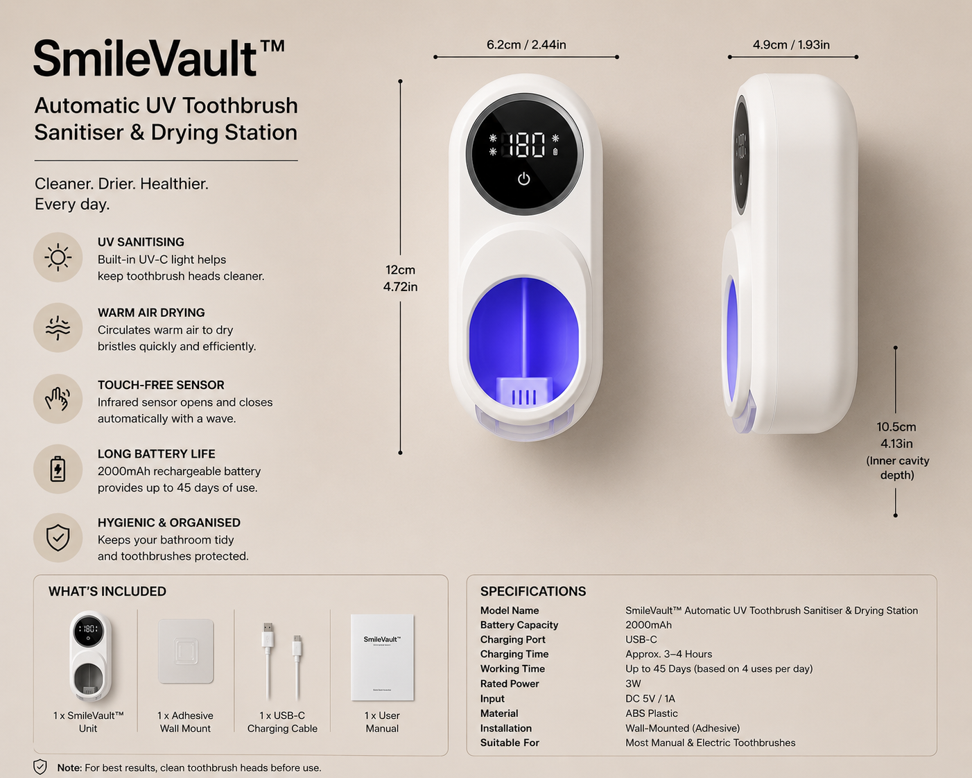 SmileVault™ Automatic UV Toothbrush Sanitiser & Drying Station