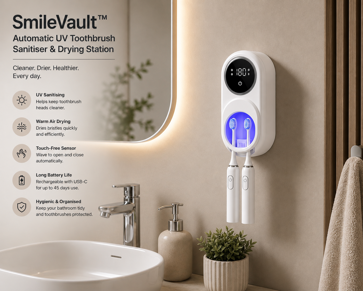 SmileVault™ Automatic UV Toothbrush Sanitiser & Drying Station